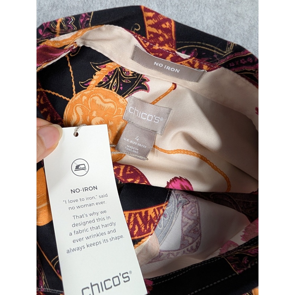 Chicos Women Top Size 4/20 NWT No Iron Tassle Gold Chain Print Button Up Long Sl - Picture 8 of 14